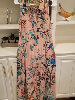 Soft Surroundings Peach Maxi Dress with Blue & Teal Botanical Bird Print